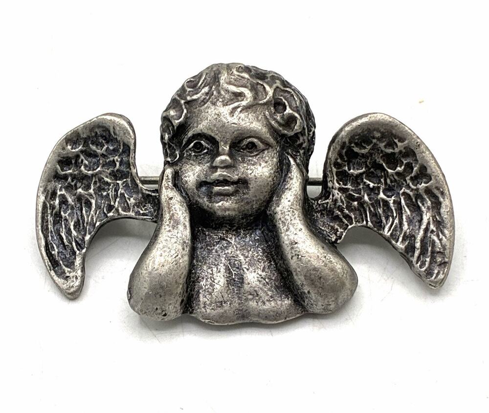 Vintage Cherub Angel Brooch 1.5” Silver Tone Winged Putti Figural Pin